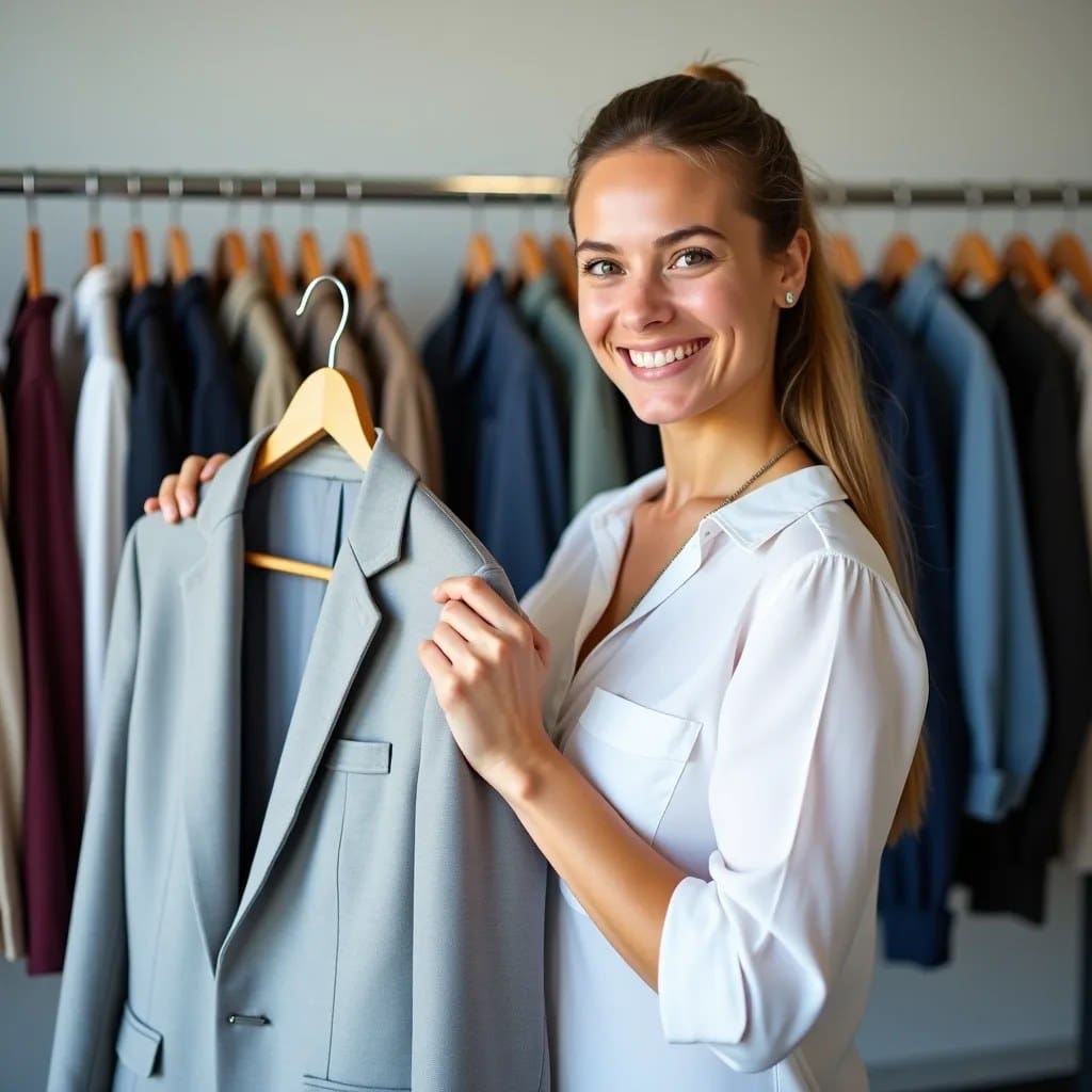 Woman smiling and holding a gray blazer on a hanger in a clothing store, with a rack of assorted jackets in the background.