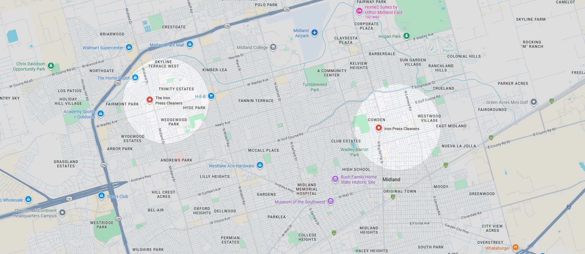 Map of Midland, Western Australia, showing suburbs, main roads, parks, and highlighted locations including Chooks Fresh & Tasty and Woodbridge Hotel.