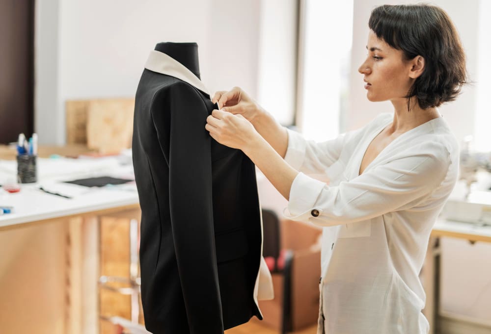 A person adjusts a black blazer with a white collar on a dress form in a workspace.