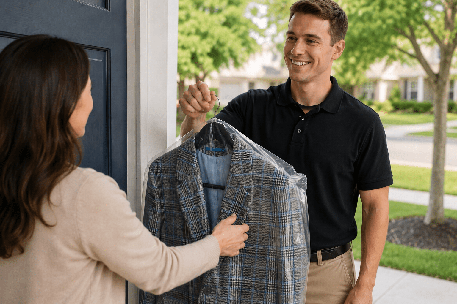 A man in a black polo shirt delivers a plaid suit jacket on a hanger to a woman at her front door.