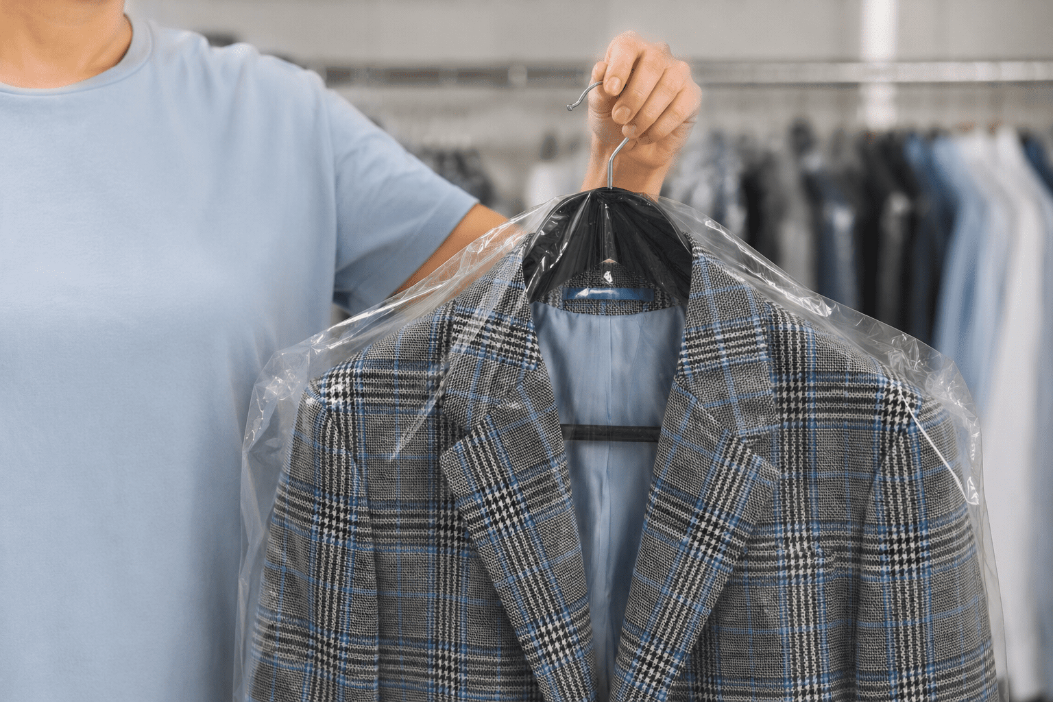 Person holding a plaid blazer on a hanger, covered with a plastic garment bag, in front of a clothing rack with other clothes in the background.
